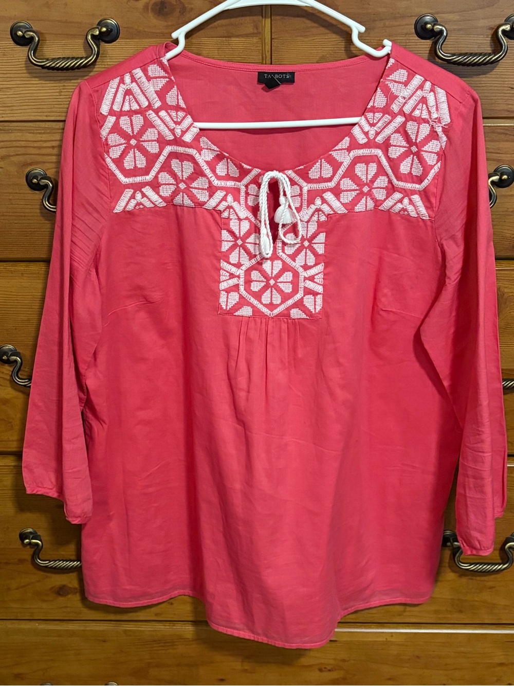 Talbots Coral Peasant Tunic with White Embroidered Yoke